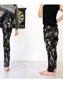 Stretch slim pants, lightweight, elastic waistband, denim style but comfortable as a pair of leggings, no snaps or closures. So cool due to its' cut, super slim.  Dyed with the batik technique but in a much rocker version. Unisex. 