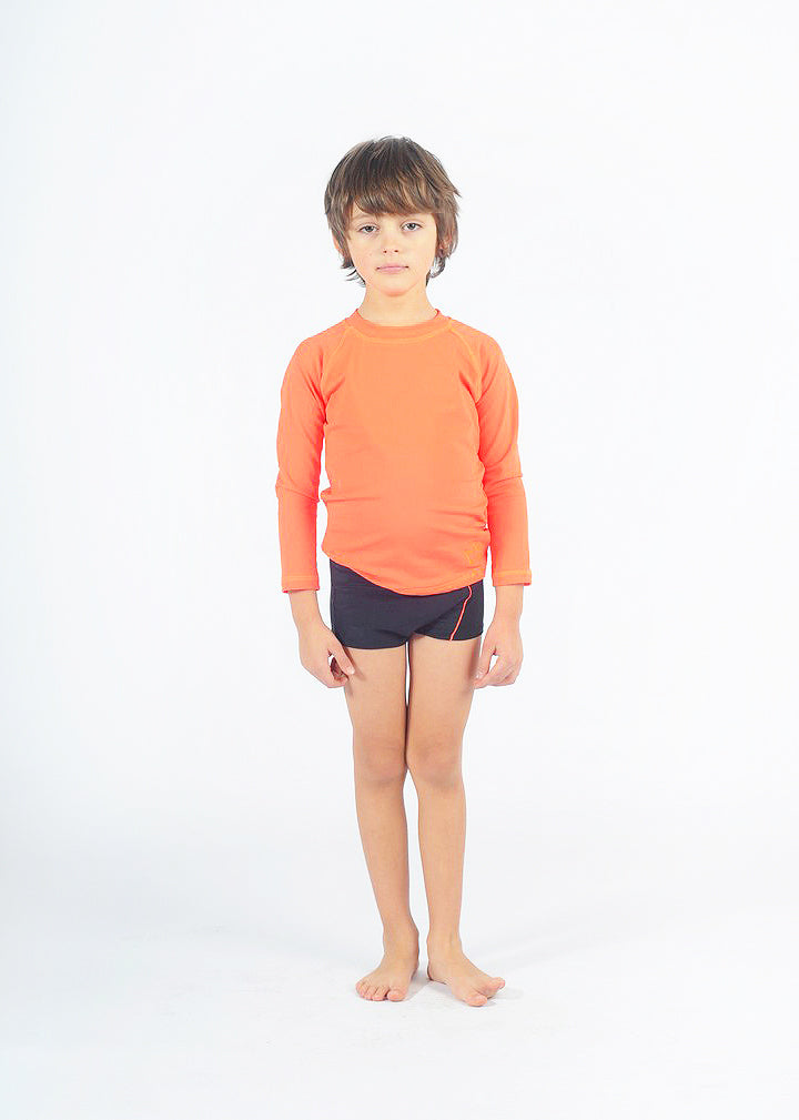 Unisex long-sleeve swim top, neon orange... a beach top to be seen in, great for sun protection. So easy to move, play and swim in.  Crown embroidery in neon orange. 