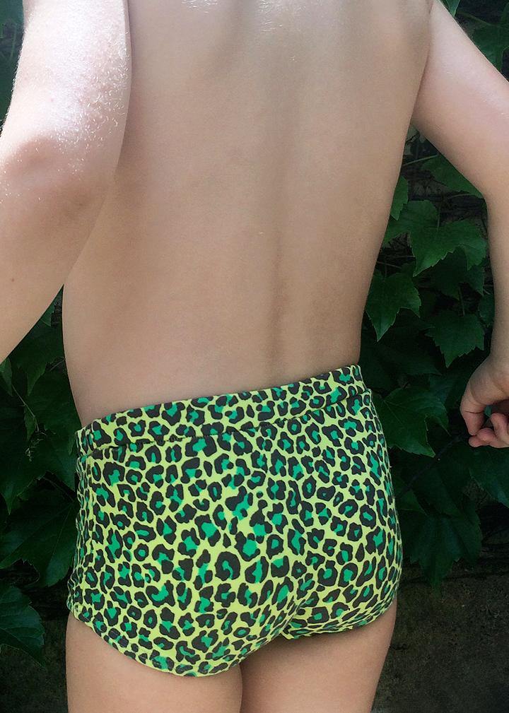 Brazilian style swimsuit in green animal print lycra, completely lined. Such a fun and strong beach look. The coolest swimsuit.