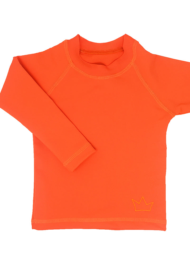 Unisex long-sleeve swim top, neon orange... a beach top to be seen in, great for sun protection. So easy to move, play and swim in.  Crown embroidery in neon orange. 